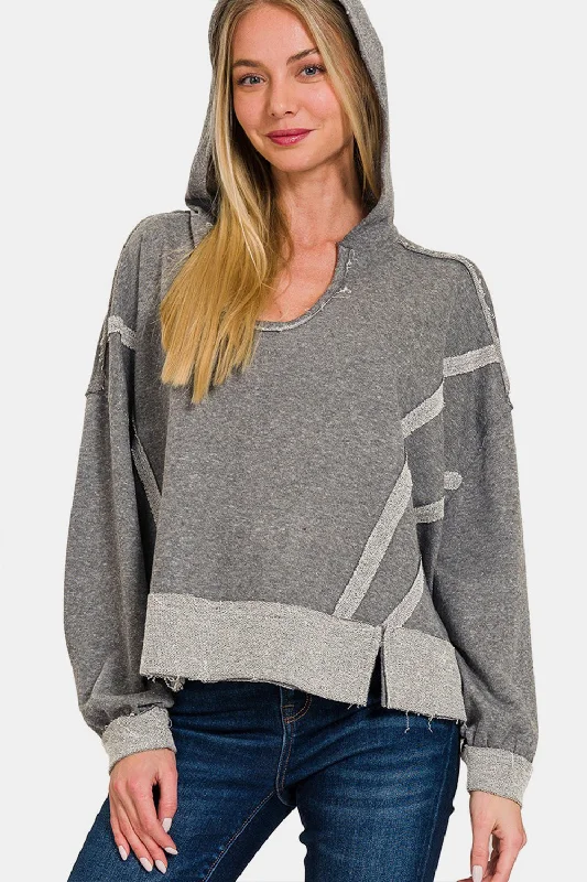 Contrast Trim Slit Hoodie Hoodie with Half-Zip Sporty Casual