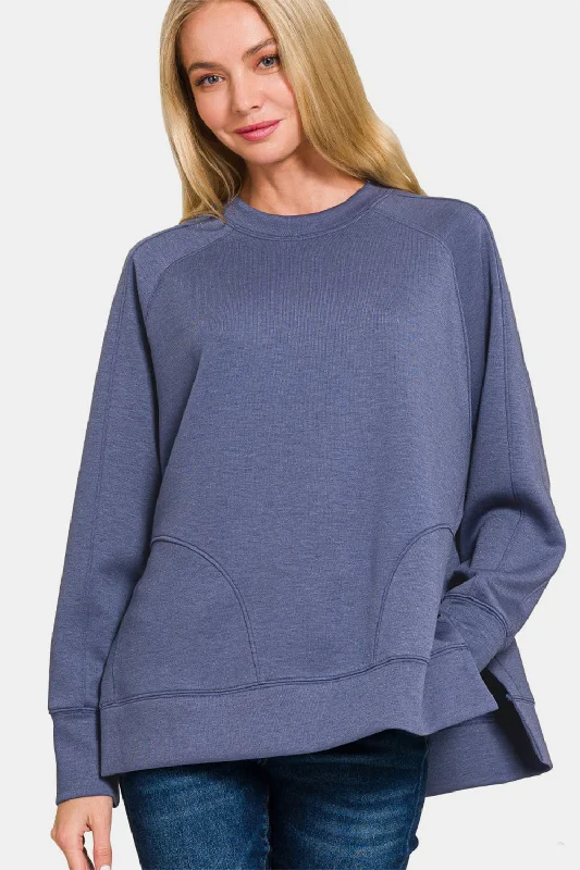 Scuba Round Neck Side Slit Sweatshirt Hoodie with Monochrome Minimalist Simple