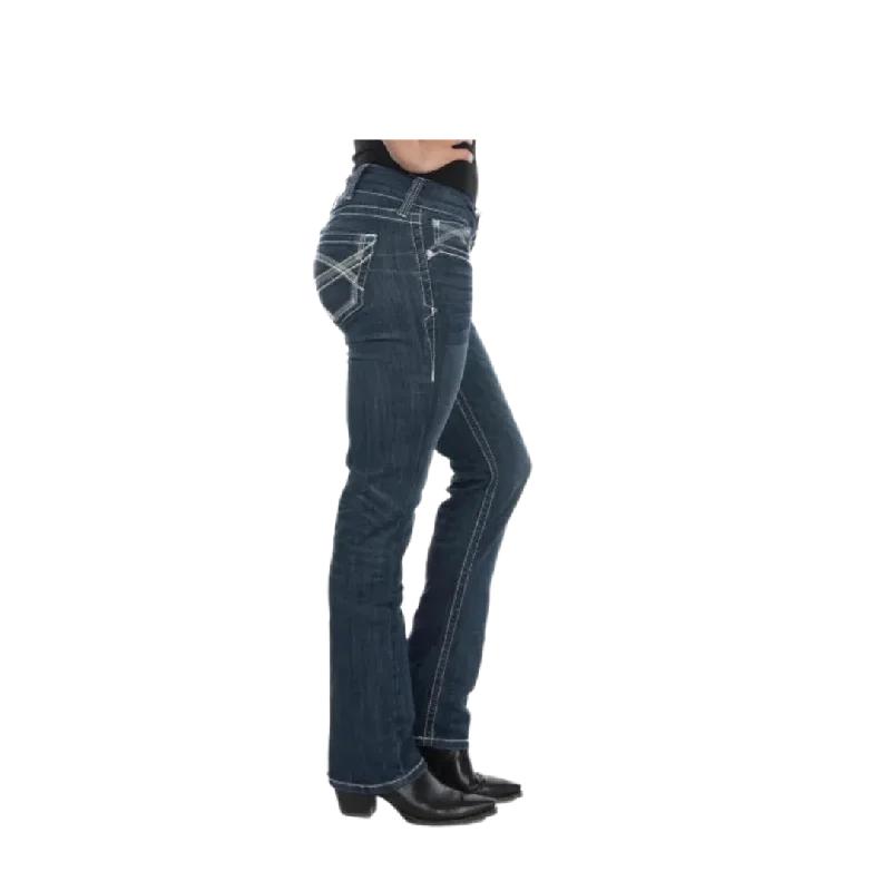 Women's Ariat Real Ivy Dresden Mid Rise Straight Leg Stretch Dark Stonewash Jean Fashionable Raw Edge Jeans