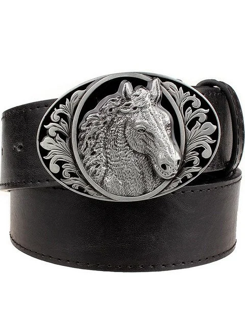 Black Leather belt horse pattern animal belts cowboy style men's jeans belt punk rock style accessories Stylish Shredded Denim Jeans