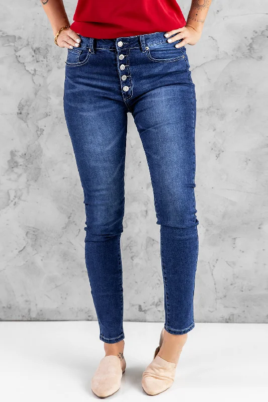 Blue High Rise Skinny Button Fly Jeans Casual Distressed Skinny Jeans