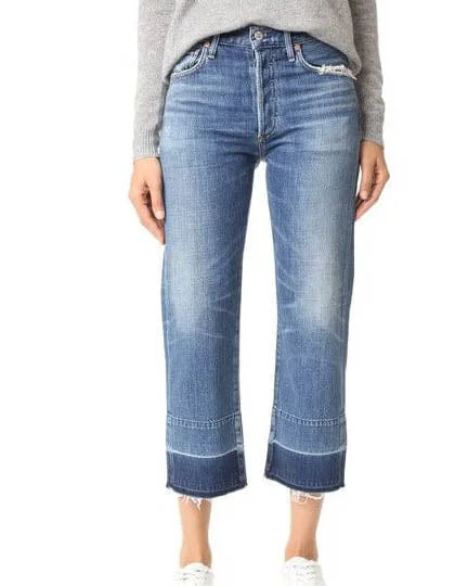 "Cora Crop Relaxed Undone Hem" Jeans Trendy Pleated Waist Jeans