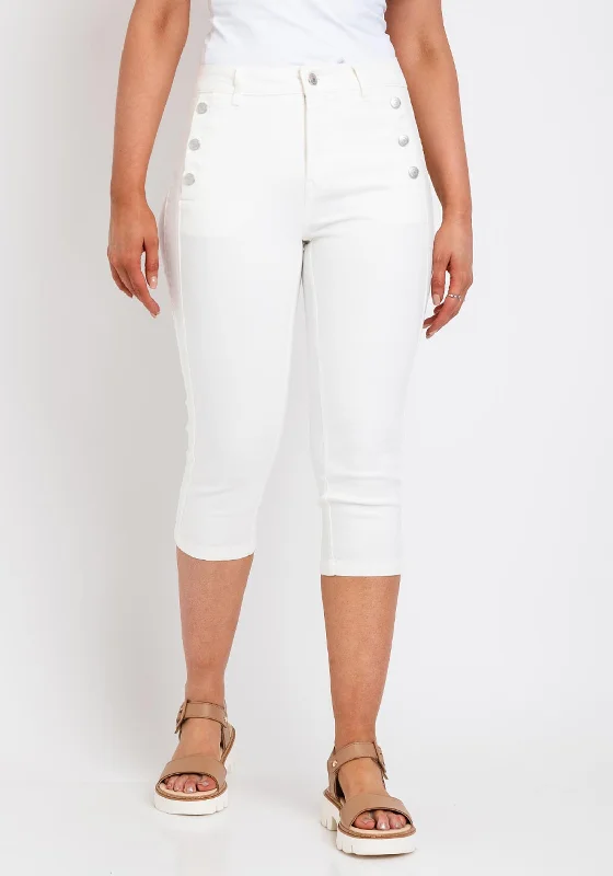 Fransa Buttoned Pocket Capri Jeans, Cream Cozy Wide-Legged Jeans