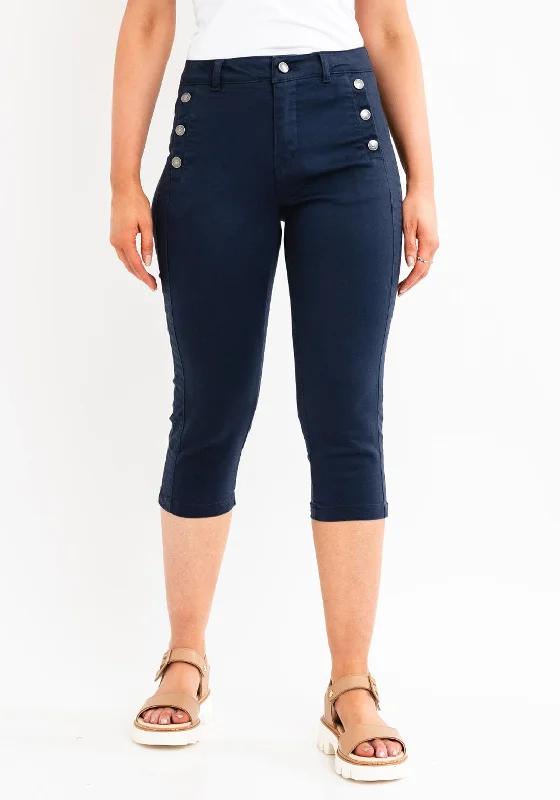 Fransa Buttoned Pocket Capri Jeans, Navy Stylish High-Waisted Denim