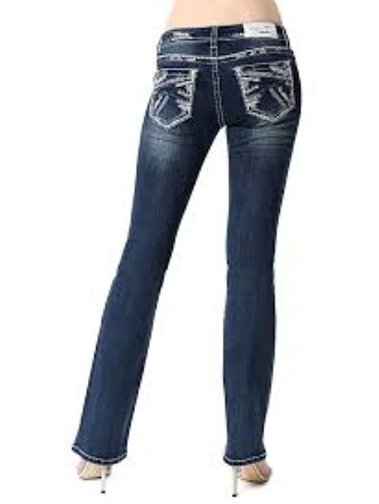 Grace In LA JB-51372 Womens Stitched Embellished Bootcut Jeans Dark Wash Cozy Wide-Legged Jeans