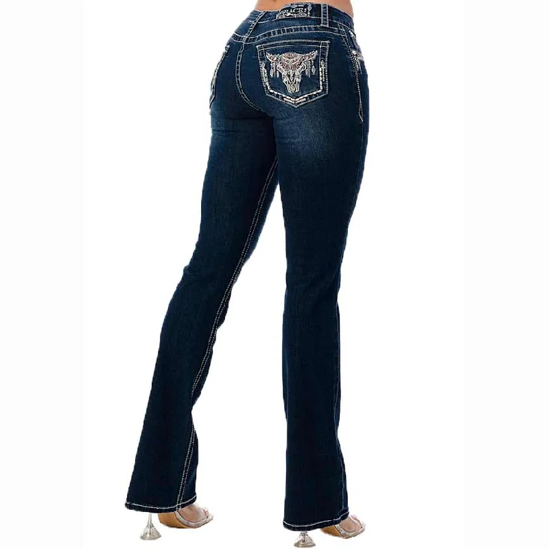 Grace In LA Women's Steer Head Embellished Bootcut Jeans Fashionable Raw Hemmed Jeans