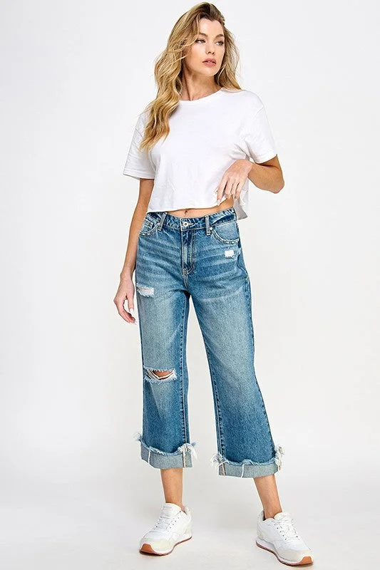 High Rise Distressed Cuffed Jeans Casual Distressed Skinny Jeans