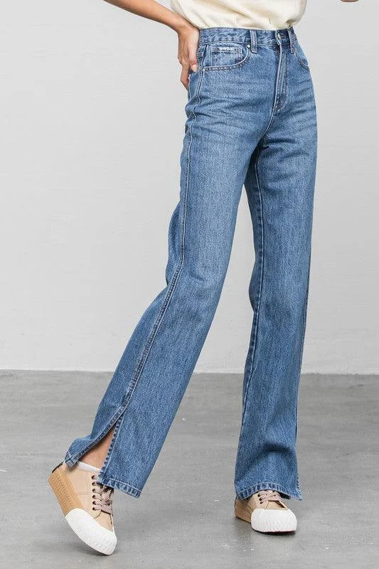 High Waist Straight Jeans with Ankle Slit Comfortable Full-Length Denim Jeans