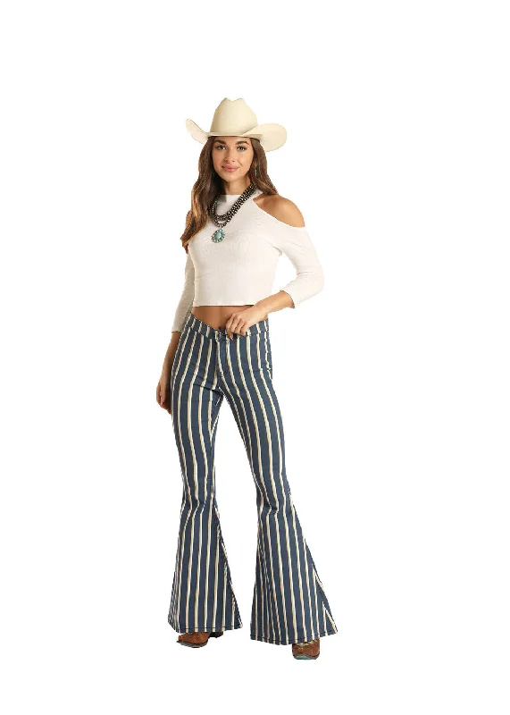 Rock & Roll Cowgirl  Navy Striped Bell Bottom Jeans Comfortable Stretch Denim Jeans