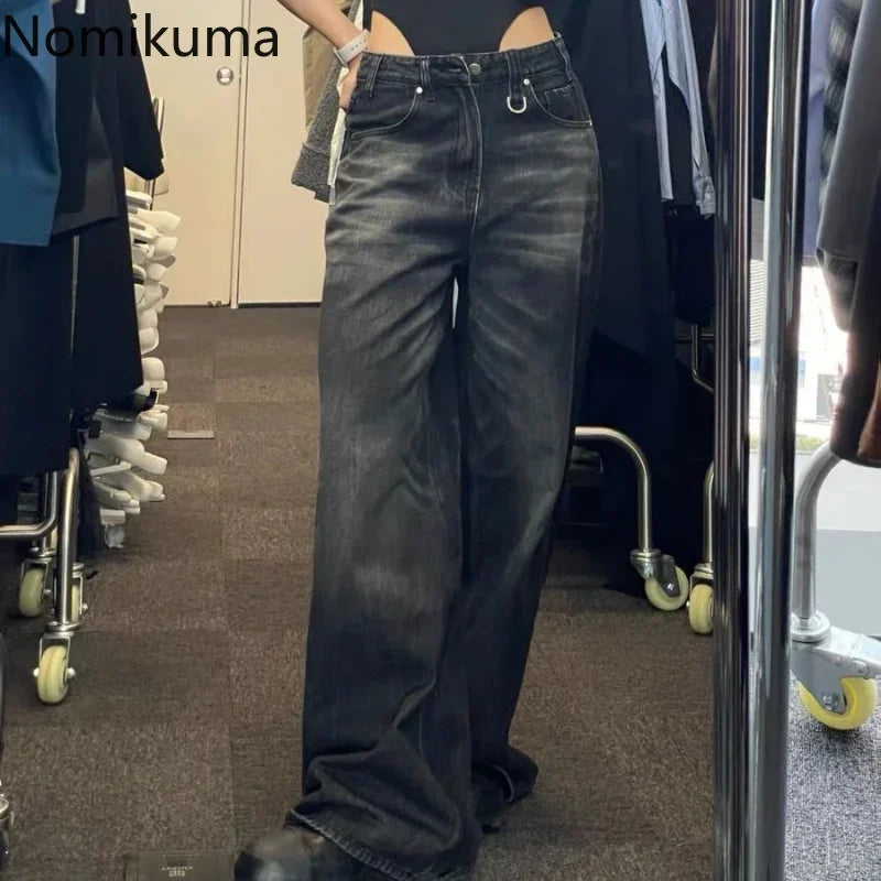 Autumn Winter Wide Leg Pants High Waisted Loose Jeans Fashionable Button-Front Jeans