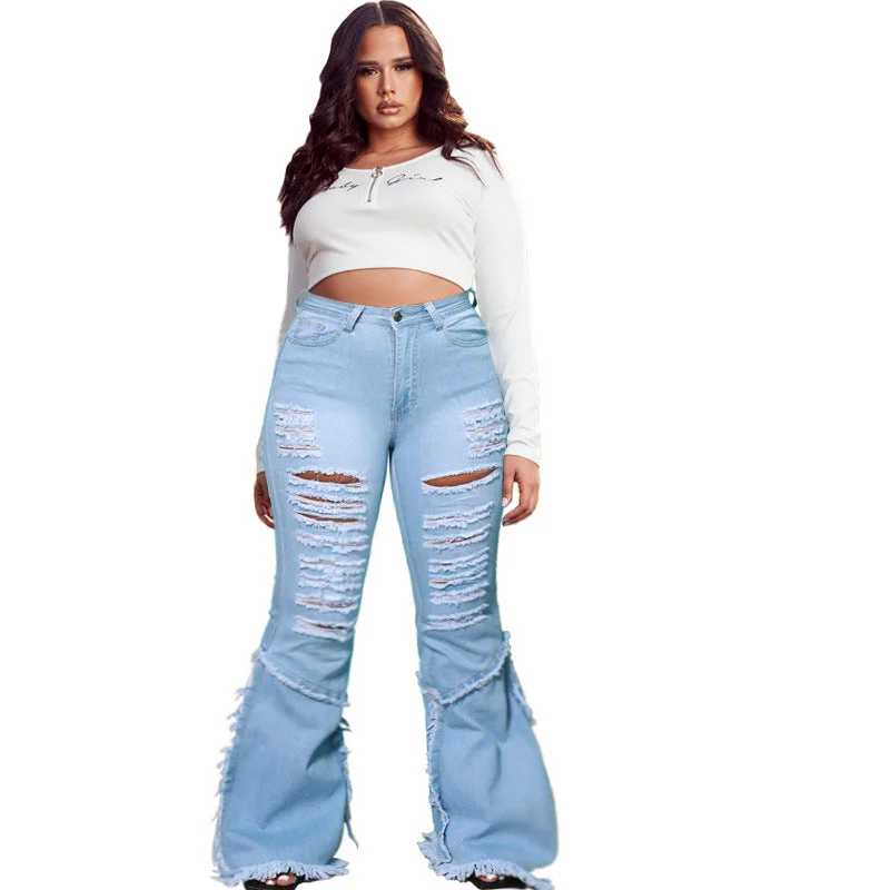 Plus Size Horn Hole Washing Tassel Women Clothing Oversized Jeans Trendy Vintage Denim Jeans