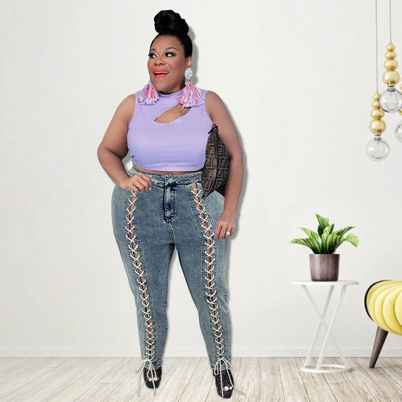 Plus Size Plus Size Women Clothing Summer New Double Row Corns Rope Jeans Women New Trendy Bootcut High-Waisted Jeans