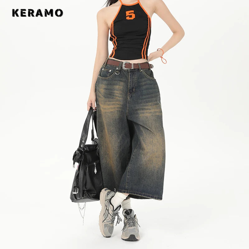 Vintage Streetwear Women Jeans 2024 Summer Loose Male Wide Leg Knee Length Shorts Trendy Patchwork Denim Jeans