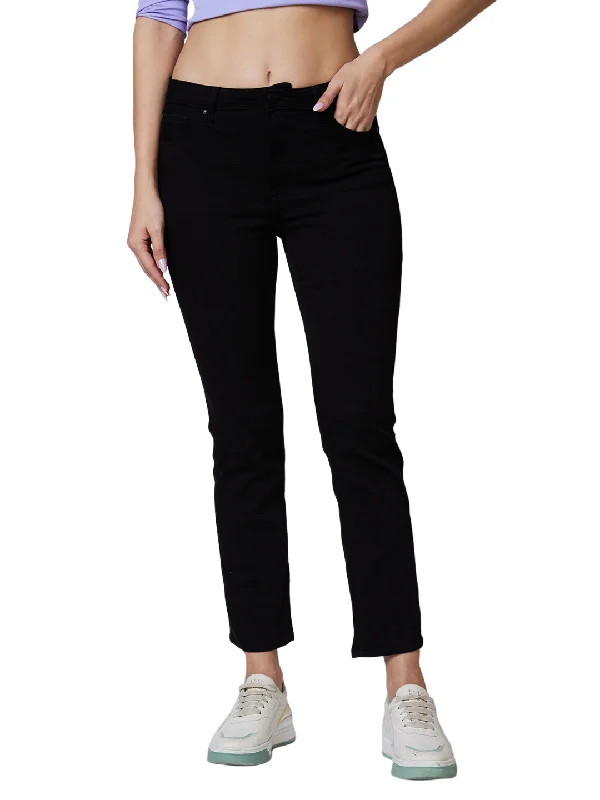 Spykar Mid Rise Slim Straight Fit Black Jeans For Women Comfortable Dark Wash Jeans