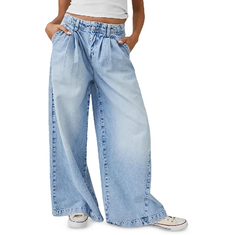 We The Free Womens High Rise Pleated Wide Leg Jeans Trendy Paperbag Waist Jeans