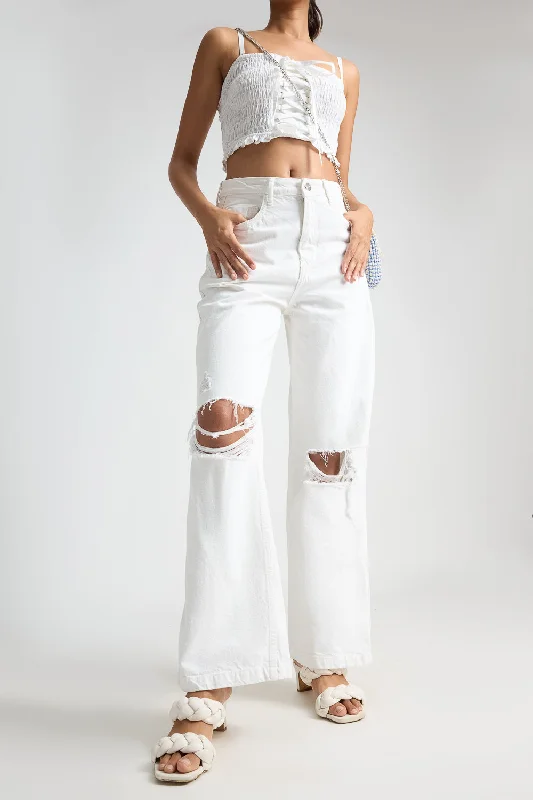 Distressed Knee Wide Leg White Jeans Fashionable Button-Front Jeans