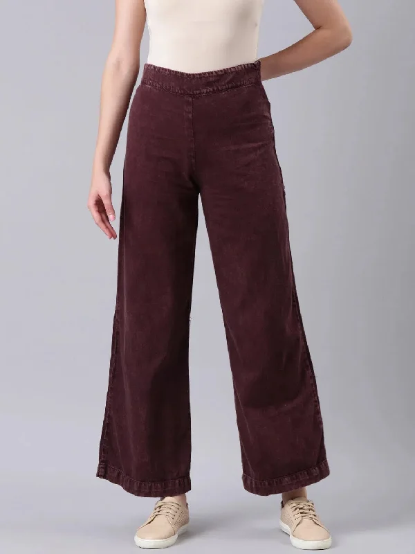 Women Burgundy Solid Wide Leg Denim Jeans-AE-10807-Burgundy Trendy Low-Rise Bootcut Jeans