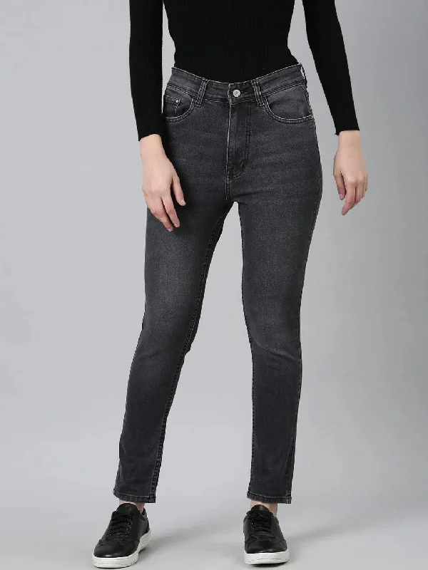 Women Grey Solid Straight Fit Denim Jeans-GZ-5504-Grey Trendy Pleated Waist Jeans