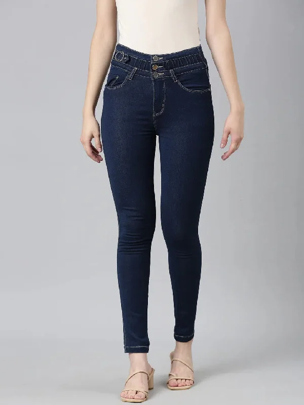 Women Navy Blue Solid Skinny Fit Denim Jeans-LT-22874-Navyblue Stylish High-Waist Jeans