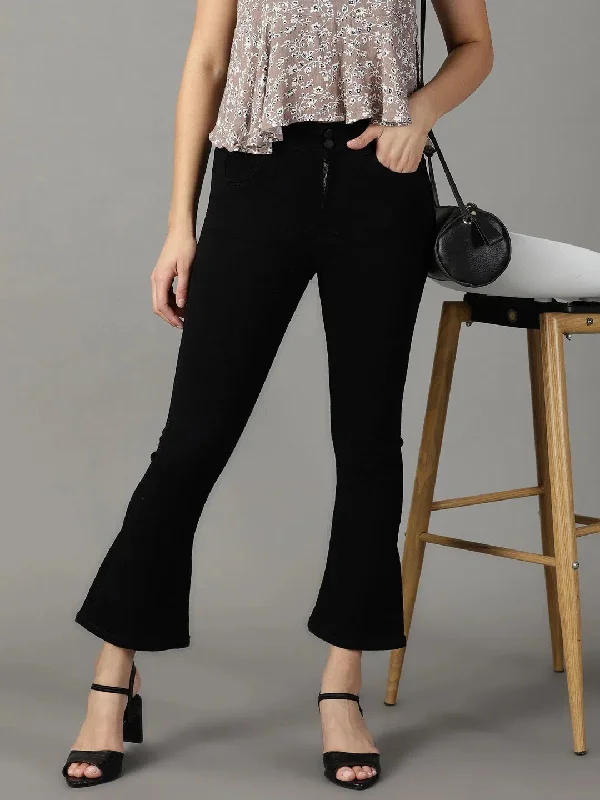 Women's Black Solid Bootcut Denim Jeans-LT-BT-105389-Black Casual High-Waisted Bootcut Jeans