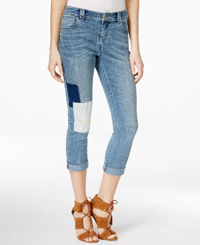 Womens Cropped Patchwork Jeans Stylish High-Rise Mom Jeans