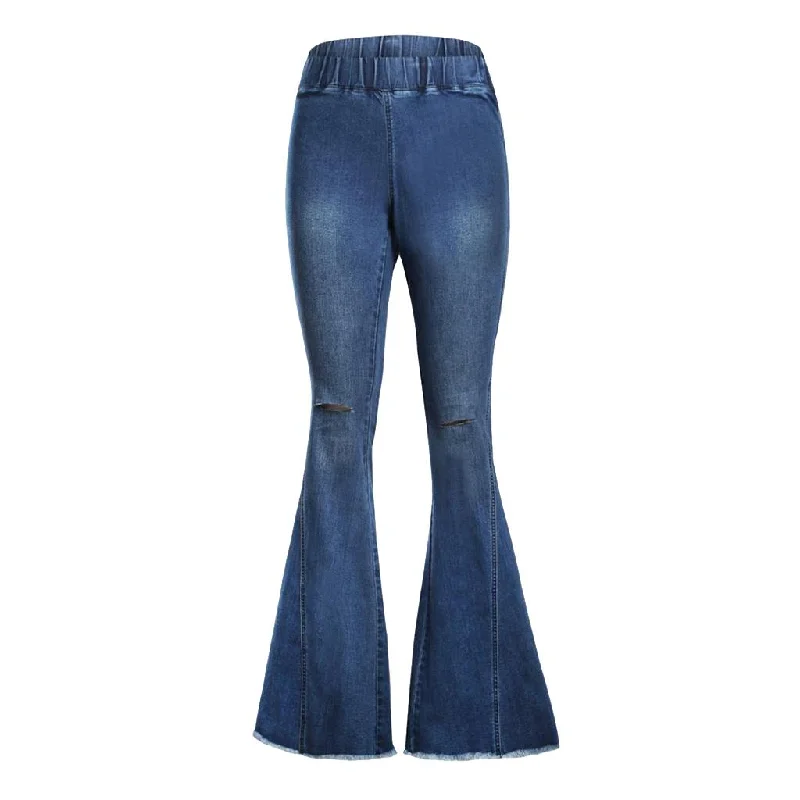 Max Womens Flared Trousers with High Waist Knee Holes Denim Jeans S Comfortable Stretch Denim Jeans