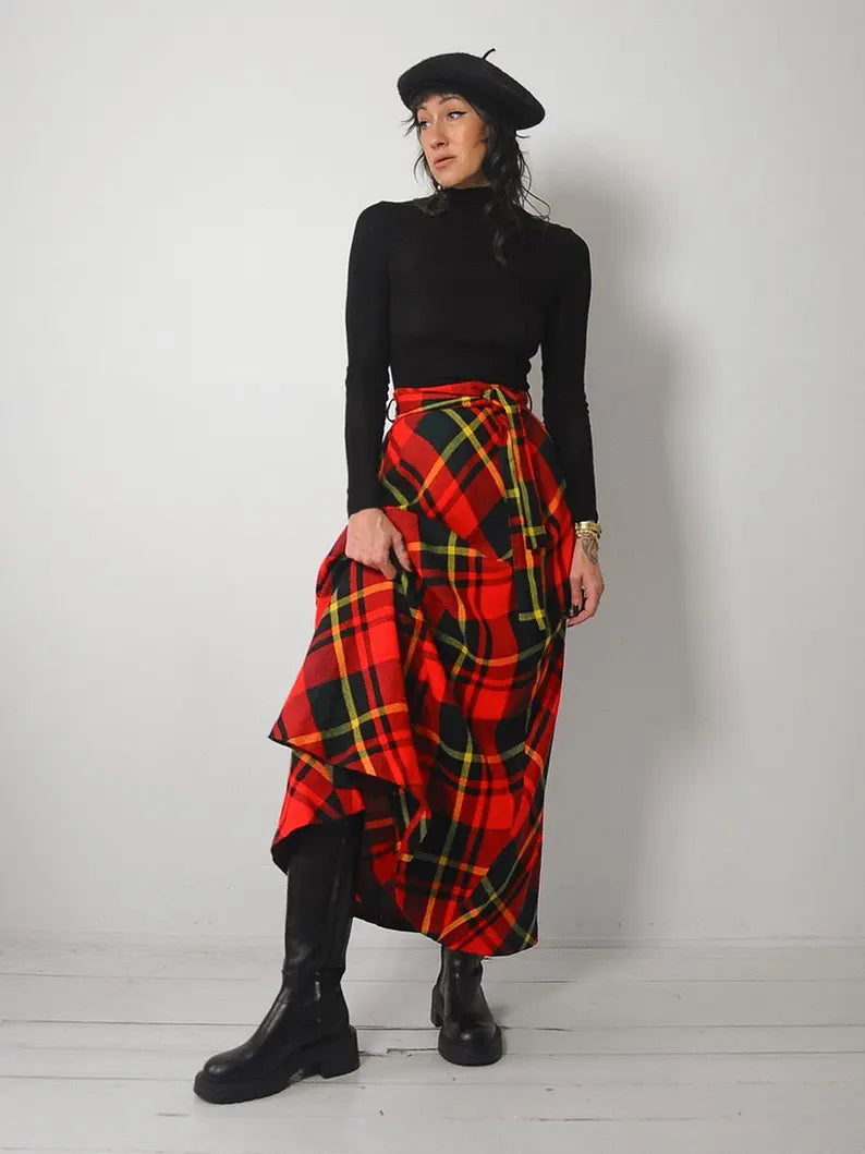 1970's Wool Stewart Plaid Skirt leather skirt bold