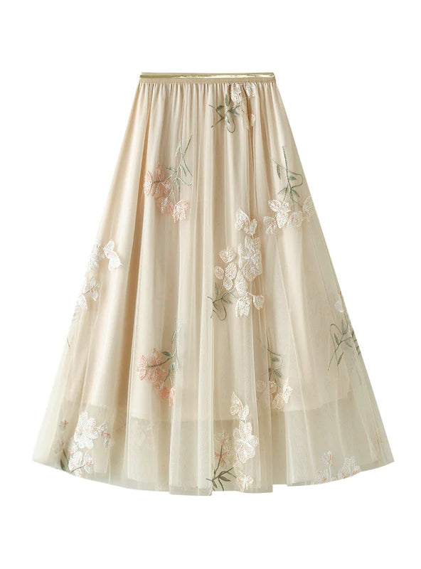 DOUBLE-LAYER MESH EMBROIDERY MEDIUM-LENGTH SKIRT linen skirt breathable