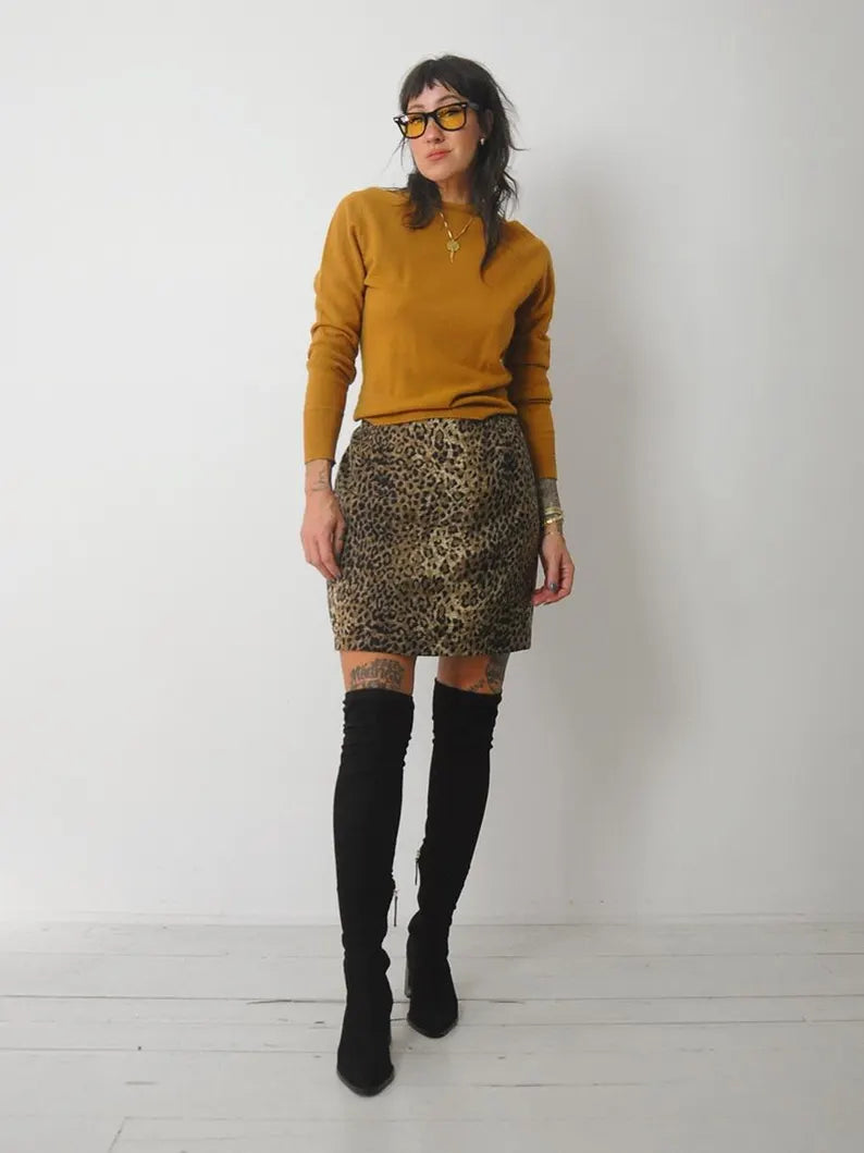 90's Deadstock Silk Leopard Skirt a-line skirt cut