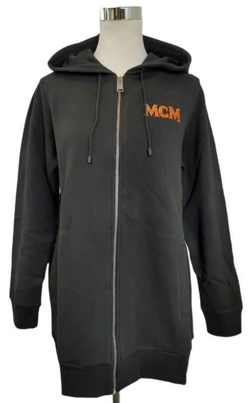 MCM Women's Black Cotton Embroidered Fringe Logo Zip Up Jacket Front Pockets Side Pockets Patch Pockets MCM Women's Black Cotton Embroidered Fringe Logo Zip Up Jacket Front Pockets Side Pockets Patch Pockets