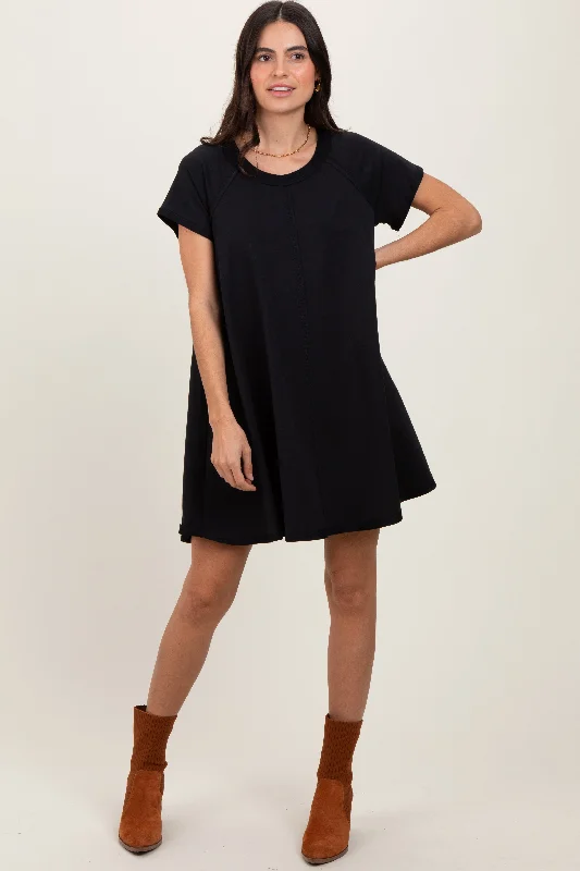 Black French Terry Basic Short Sleeve Mini Dress Elegant Satin Lace Mini Dress