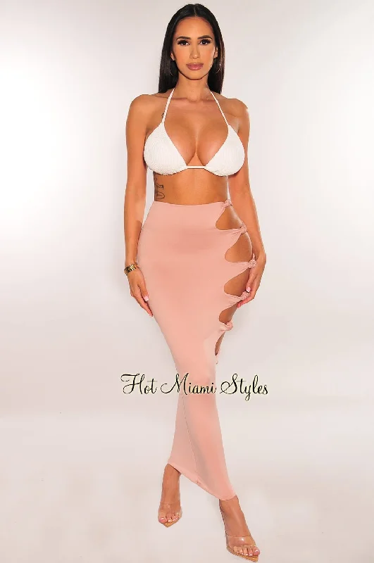 Blush High Waist Cut Out Knotted Slit Skirt chiffon skirt flowing