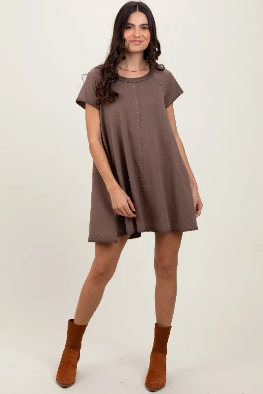 Brown French Terry Basic Short Sleeve Mini Dress Classic Solid Mini Dress