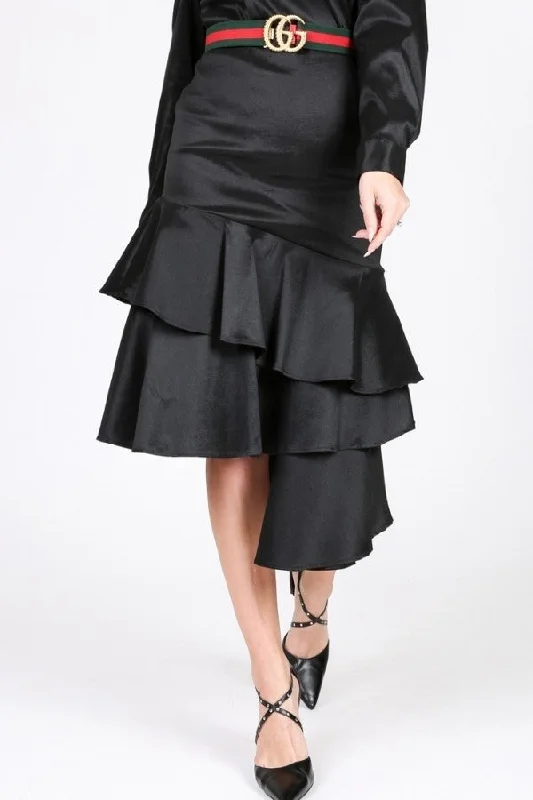 Asymmetrical Ruffle Bottom Satin Skirt patchwork skirt art