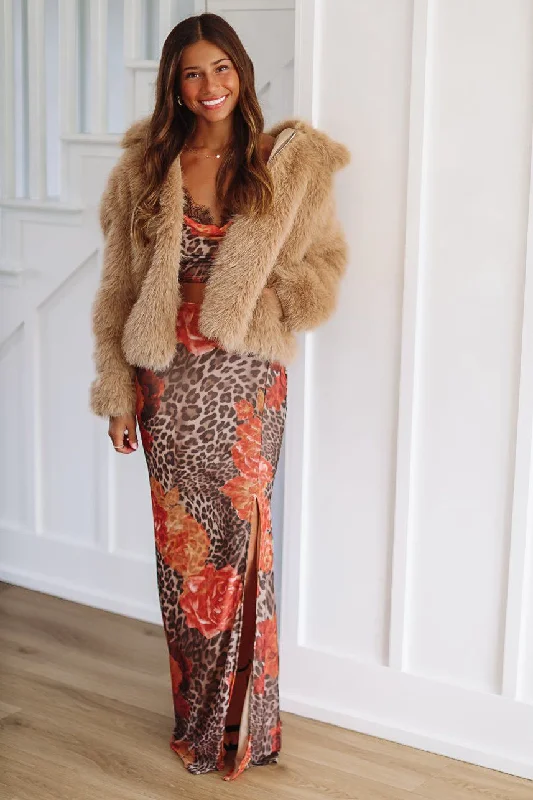 Cat's Out of the Bag Crop Top and Maxi Skirt Set - Brown boho skirt vibe