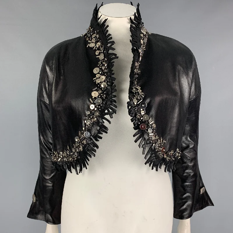 CLAUDE MONTANA Size 10 Black Leather Fringe Cropped Jacket Collared Jacket Crew Neck Jacket Turtle Neck Jacket CLAUDE MONTANA Size 10 Black Leather Fringe Cropped Jacket Collared Jacket Crew Neck Jacket Turtle Neck Jacket