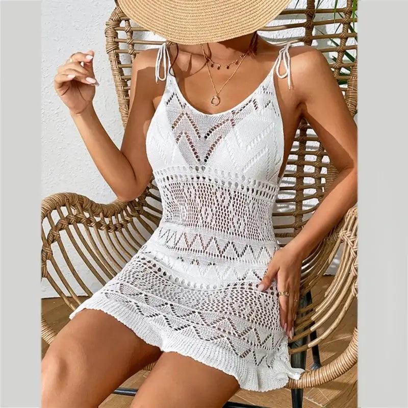 Crochet Beach Cover-Up Adjustable Strap Mini Dress Fashionable Lace Mini Dress