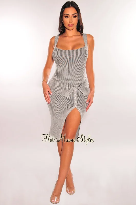 Dusty Gray Ribbed Cut Out Bodysuit Layover Button Up Skirt Two Piece Set denim skirt classic