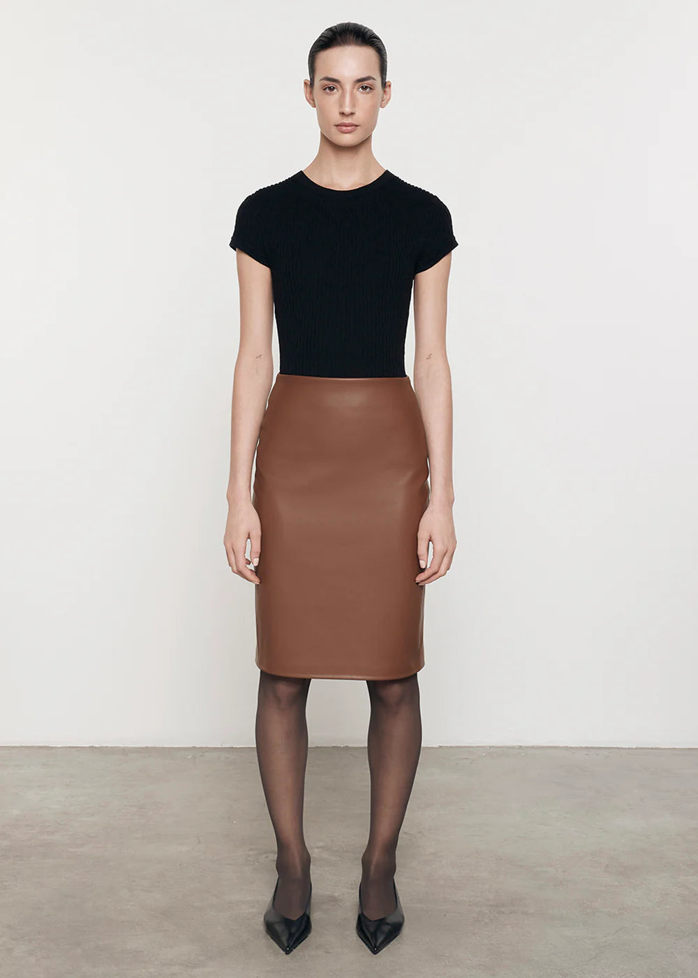 Enza Costa Knee Length Leather Skirt LM6106 asymmetrical skirt cut