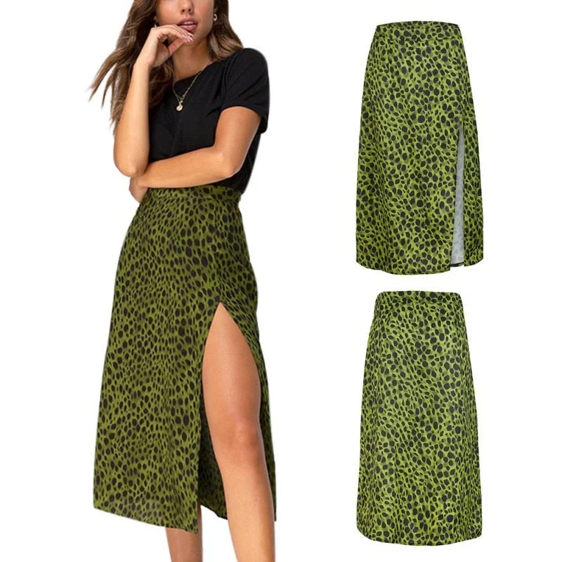 faldas mujer moda Women Summer Skirt Army Green Leopard Print Over The Knee Lace-Up Print High Waist Long Thin Split Skirt chiffon skirt lightweight