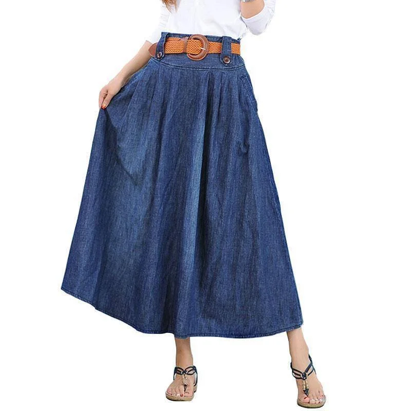 High waist denim long blue skirts with belt women jeans skirt, casual vintage bottom (US 2-10) - sale chiffon skirt airy