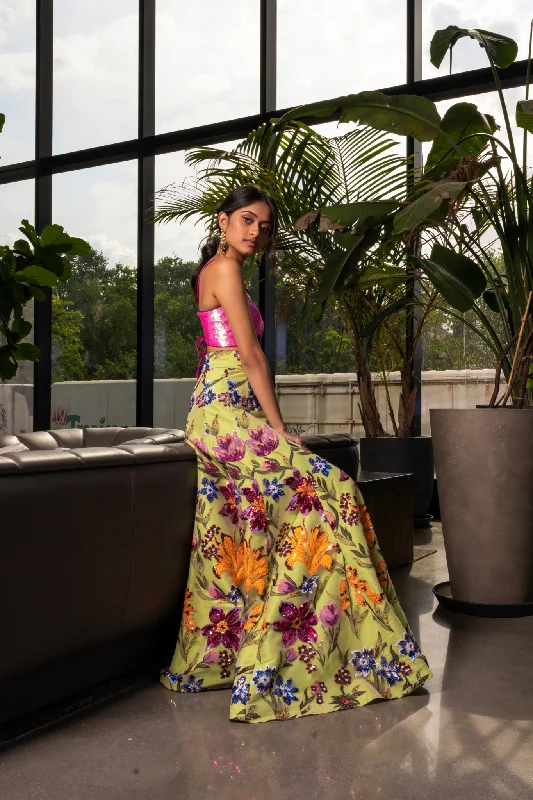 GABRIELLA Lime Floral Sequin Lehenga Skirt velvet skirt rich