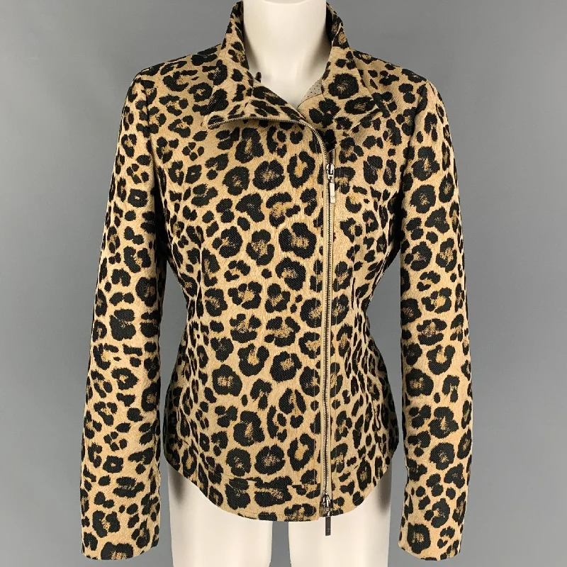 GIORGIO ARMANI Size 6 Tan Black Polyester Animal Print Jacket Cotton Fabric Linen Fabric Terry Fabric GIORGIO ARMANI Size 6 Tan Black Polyester Animal Print Jacket Cotton Fabric Linen Fabric Terry Fabric