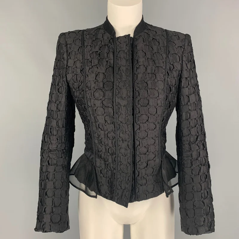 GIORGIO ARMANI Size 8 Black Silk Textured Jacket Welt Pockets Slit Pockets Flap Pockets GIORGIO ARMANI Size 8 Black Silk Textured Jacket Welt Pockets Slit Pockets Flap Pockets