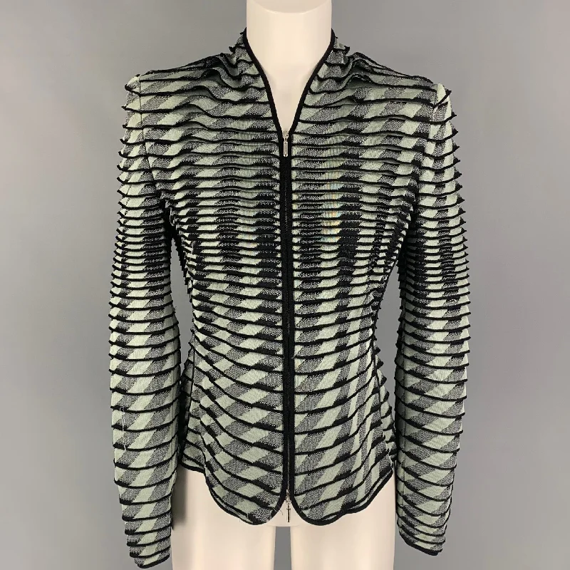 GIORGIO ARMANI Size 8 Grey Black Viscose Ribbed Zip Up Jacket Zippered Front Buttoned Front Snap Front GIORGIO ARMANI Size 8 Grey Black Viscose Ribbed Zip Up Jacket Zippered Front Buttoned Front Snap Front