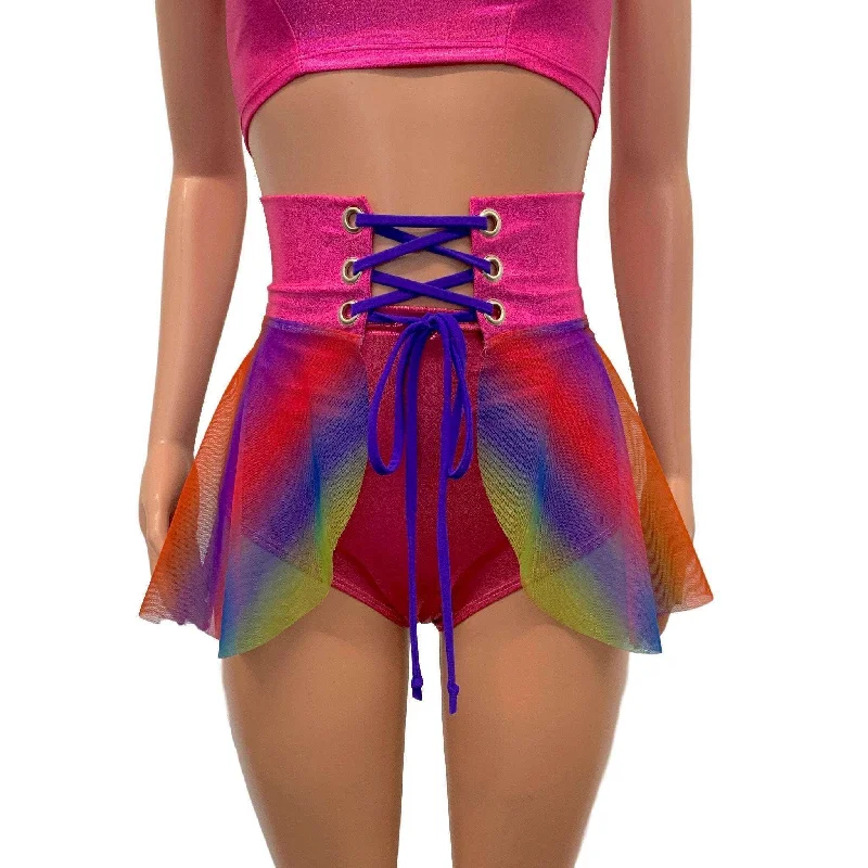 Lace-Up Corset Skirt - Rainbow Mesh w/Pink Sparkle silk skirt lustrous