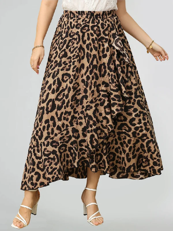 Leopard Print Ruffle Hem Skirt wool skirt thick