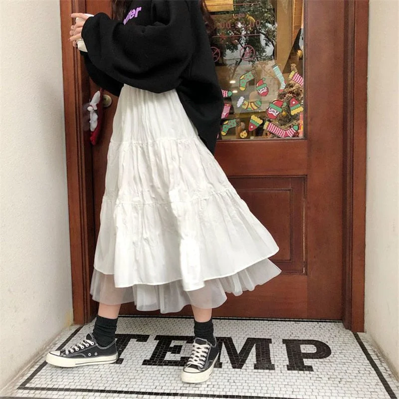 Long Tulle Midi Skirts Elastic High Waist Mesh Tutu Pleated Skirts Female Black White denim skirt stylish