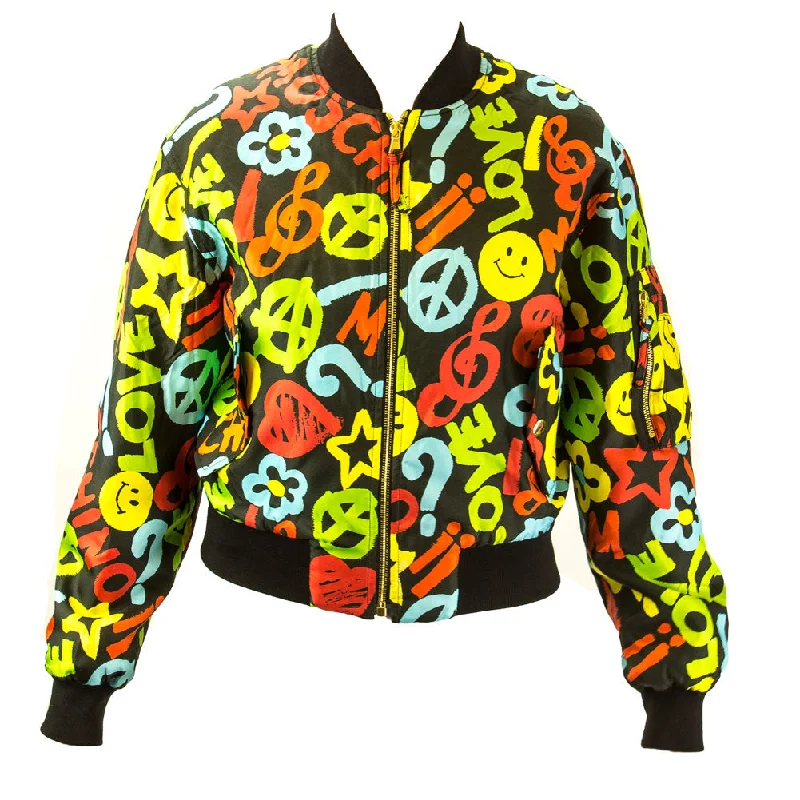 Moschino Couture Bomber Jacket IT 46 Black Multi Appliqued Jacket Beaded Jacket Sequined Jacket Moschino Couture Bomber Jacket IT 46 Black Multi Appliqued Jacket Beaded Jacket Sequined Jacket