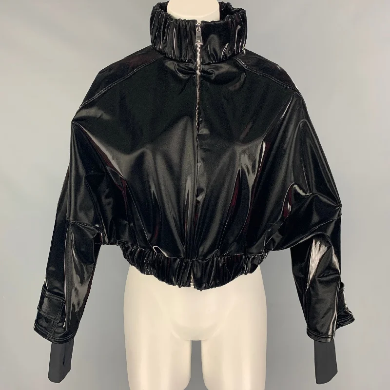 NYLORA Size L Black Solid Polyester Faux patent leather Cropped Jacket Collared Jacket Crew Neck Jacket Turtle Neck Jacket NYLORA Size L Black Solid Polyester Faux patent leather Cropped Jacket Collared Jacket Crew Neck Jacket Turtle Neck Jacket